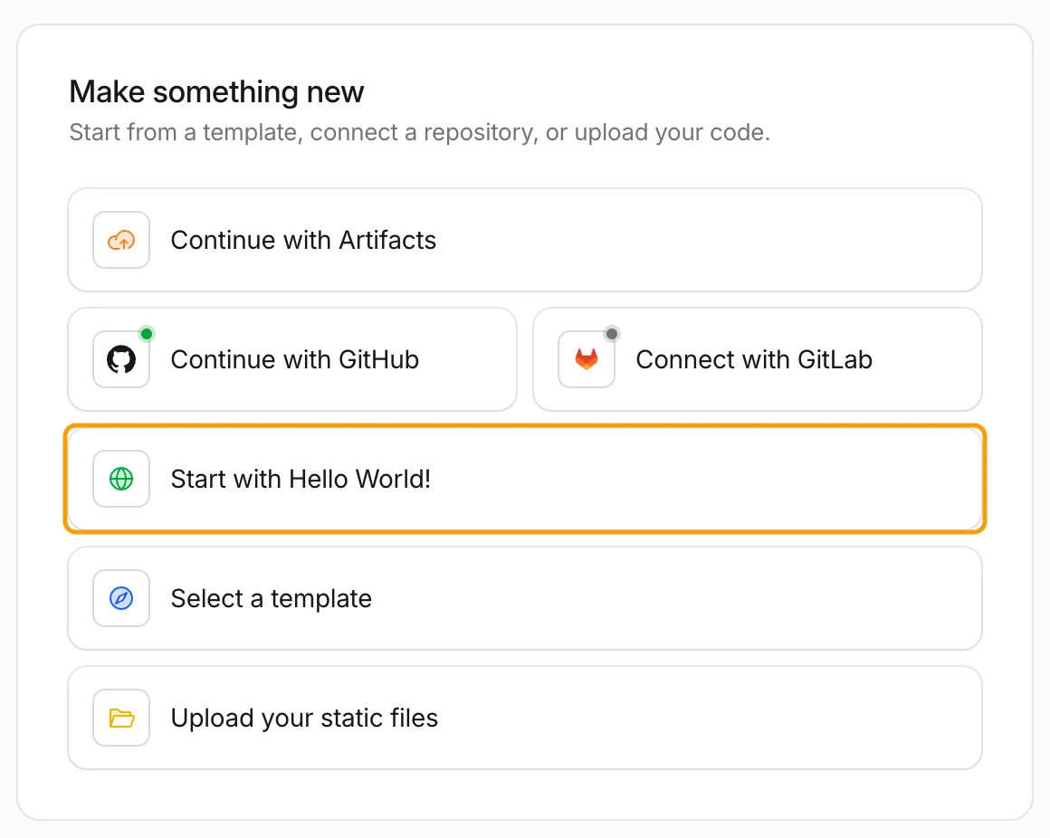 Cloudflare'in Create an app ekranı, Start with Hello World! işaretli