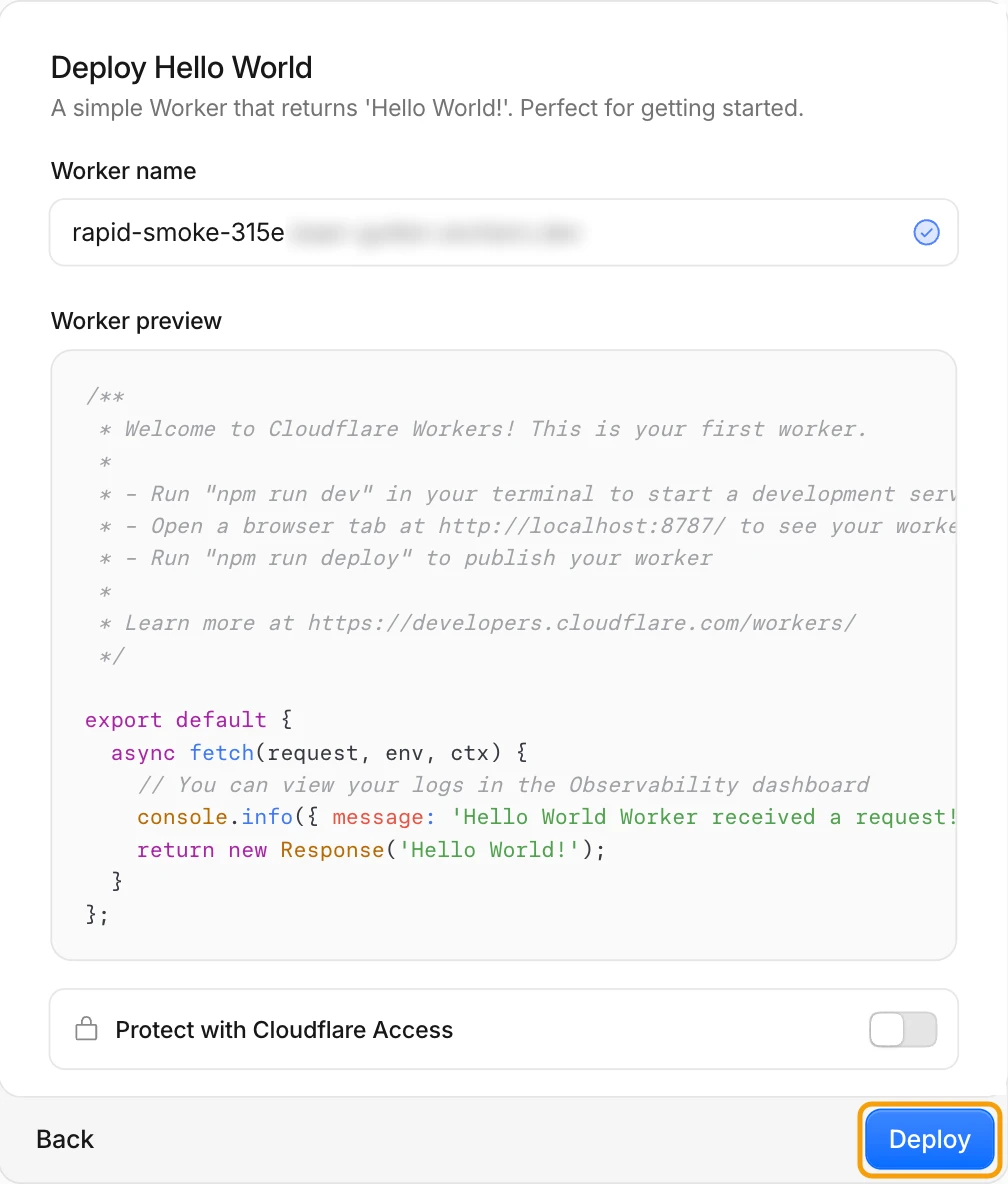 Deploy Hello World formu, Deploy düğmesi işaretli