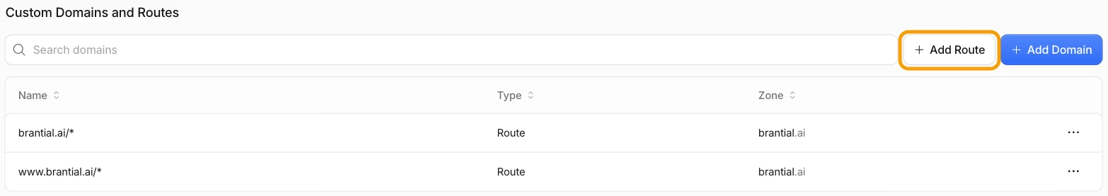 Custom Domains and Routes bölümü, Add Route düğmesi işaretli ve iki örnek route