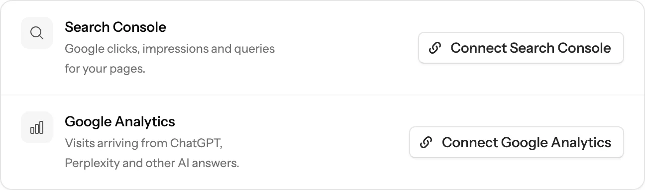 The Google connections card in Brantial settings, with the Connect Search Console and Connect Google Analytics buttons