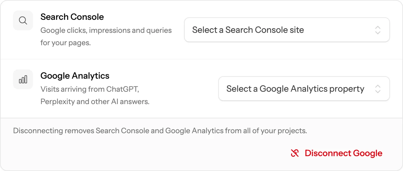 The Google connections card after signing in, with a list for the Search Console site and one for the Google Analytics property