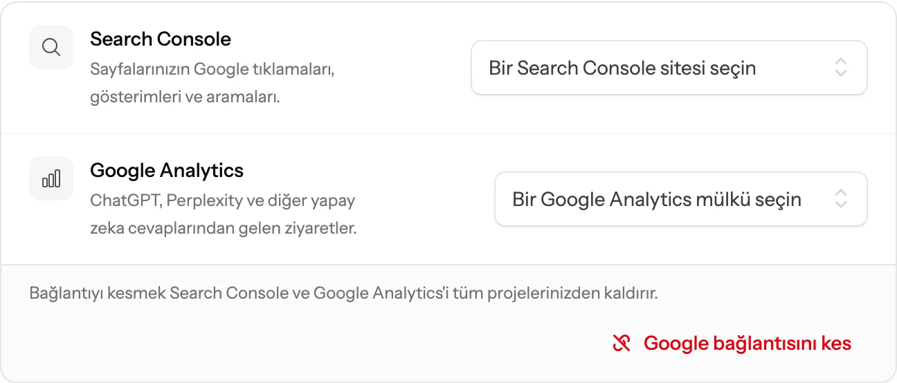 Google'a giriş yapıldıktan sonra Google bağlantıları kartı; Search Console sitesi ve Google Analytics mülkü için birer liste