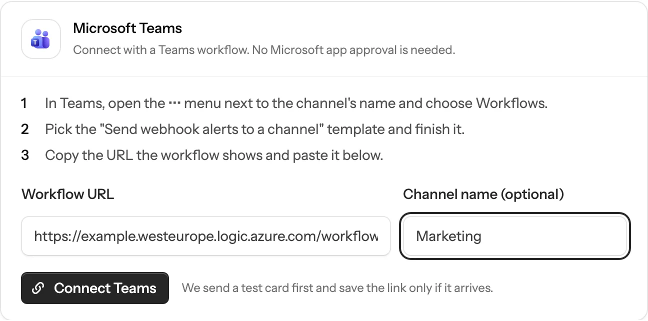 The Microsoft Teams card in Brantial's notification settings with a workflow URL and channel name filled in