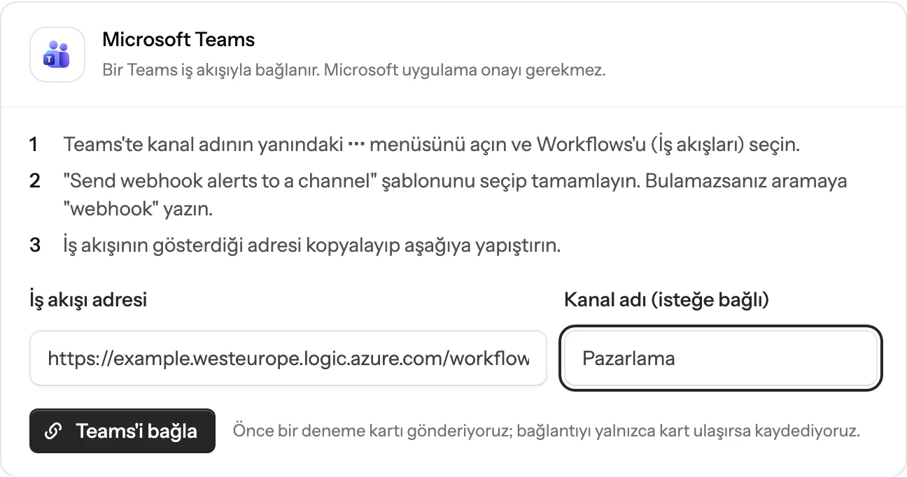 Brantial bildirim ayarlarındaki Microsoft Teams kartı; iş akışı adresi ve kanal adı dolu