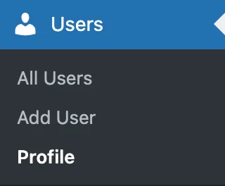 The WordPress Users menu with Profile selected