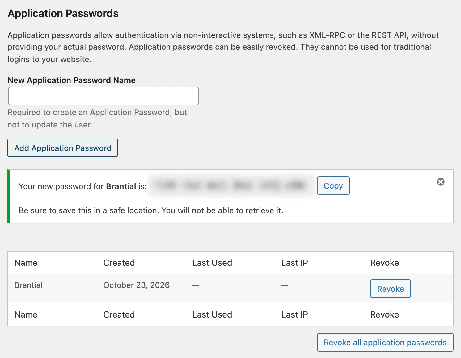 WordPress showing the new application password for Brantial with a Copy button