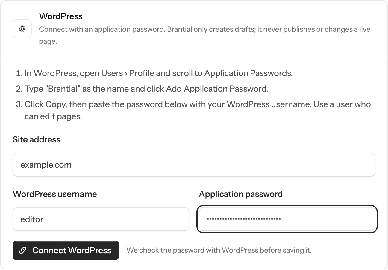 The WordPress card in Brantial settings with the site address, username and application password filled in