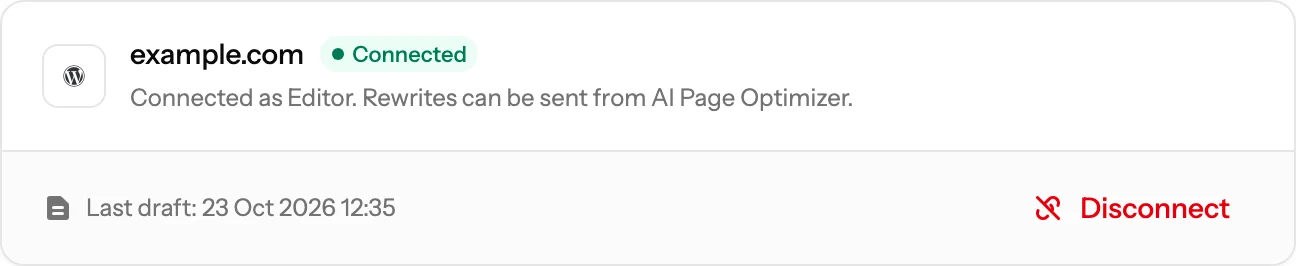 The WordPress card showing example.com as Connected