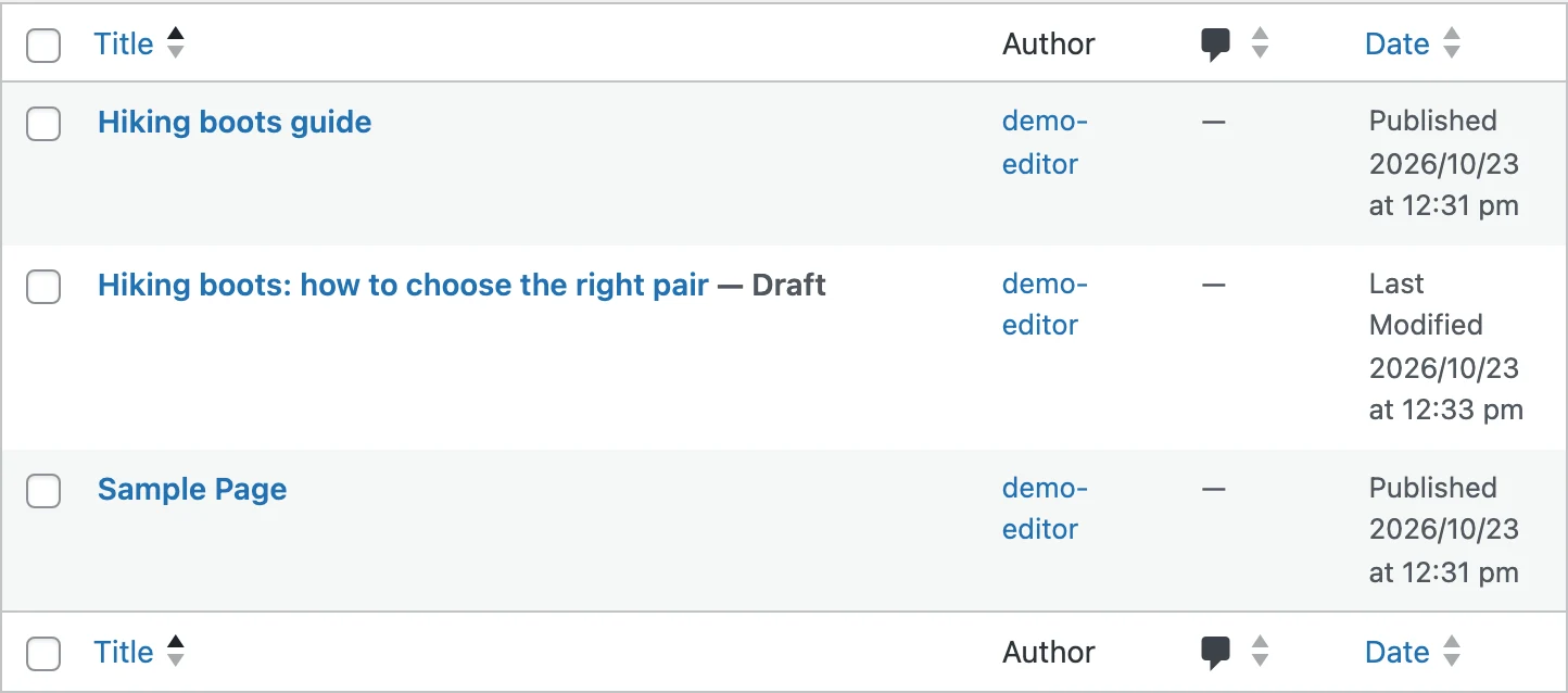 The WordPress Pages list with the original page published and the rewrite next to it as a draft