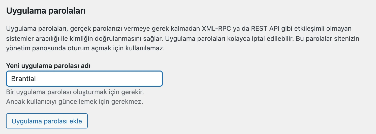WordPress profilindeki Uygulama parolaları bölümü