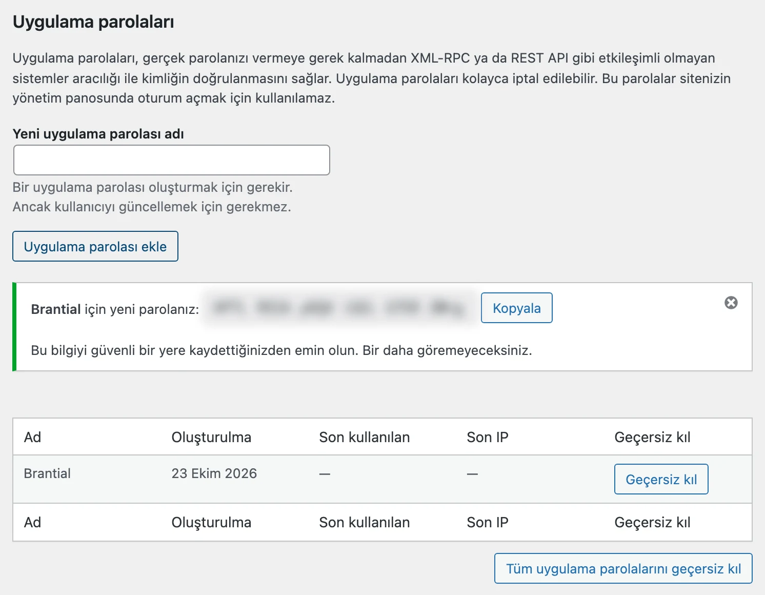 WordPress, Brantial için yeni uygulama parolasını Kopyala düğmesiyle gösteriyor