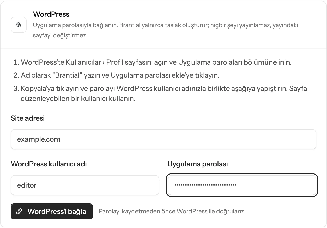 Brantial ayarlarındaki WordPress kartı; site adresi, kullanıcı adı ve uygulama parolası dolu