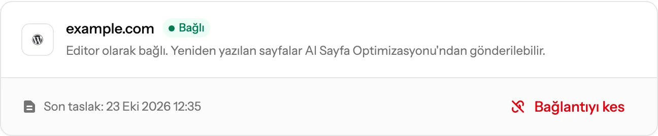 example.com'un Bağlı göründüğü WordPress kartı