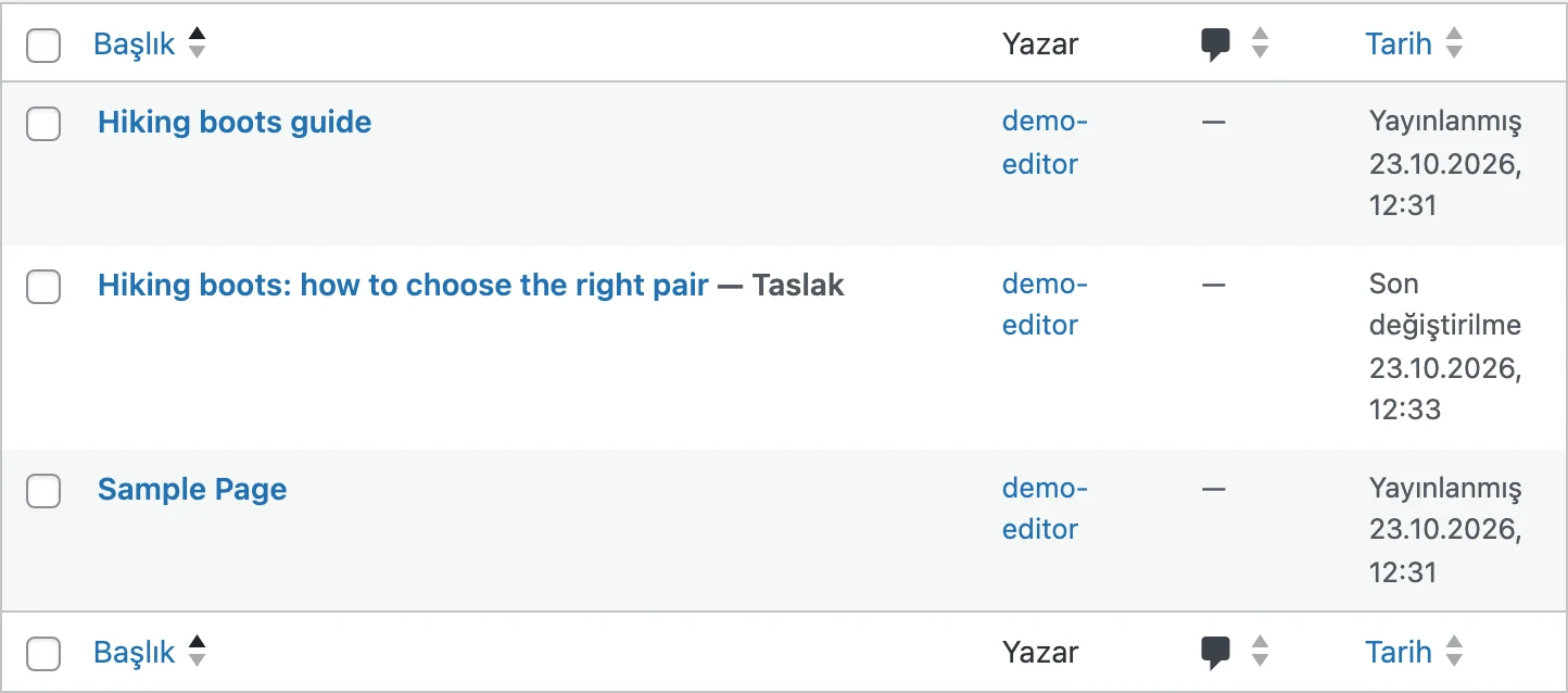 WordPress Sayfalar listesi; asıl sayfa yayında, yeniden yazılan sürüm yanında taslak olarak