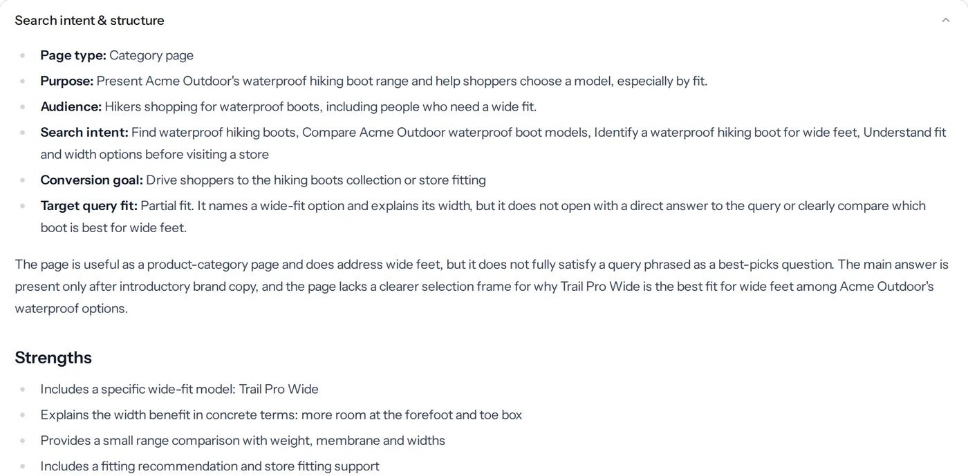 Search intent and structure analysis for the page and the question it targets
