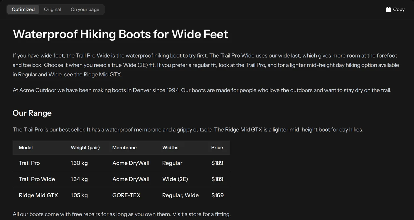 A rewritten guide page for “best waterproof hiking boots for wide feet”, with SEO and GEO check scores before and after