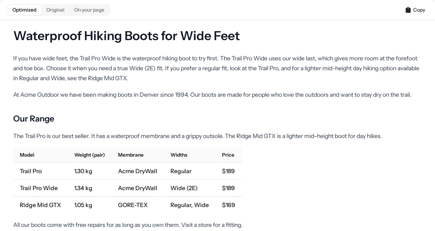 A rewritten guide page for “best waterproof hiking boots for wide feet”, with SEO and GEO check scores before and after
