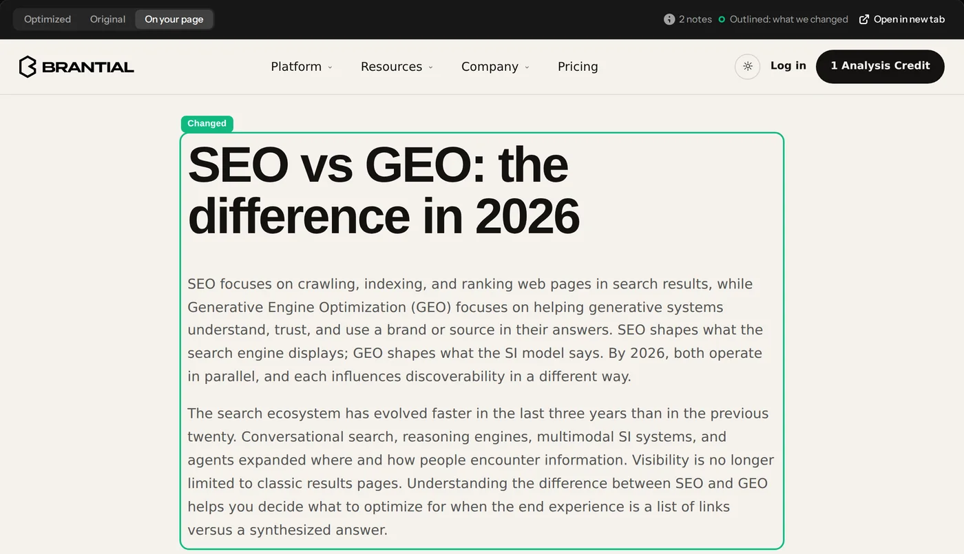 A Brantial blog post opened in the preview, its rewritten headline outlined as changed and a new section outlined as new