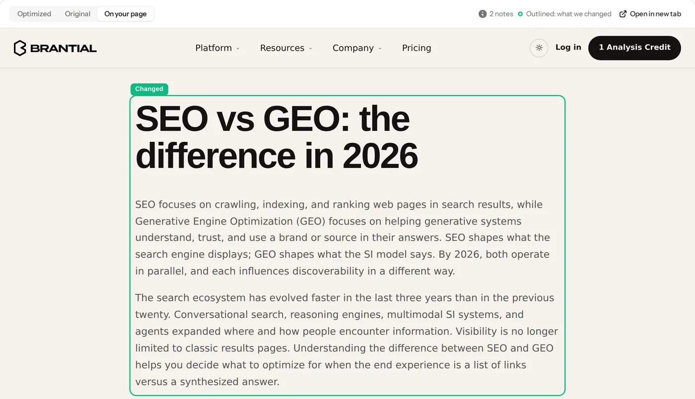 A Brantial blog post opened in the preview, its rewritten headline outlined as changed and a new section outlined as new