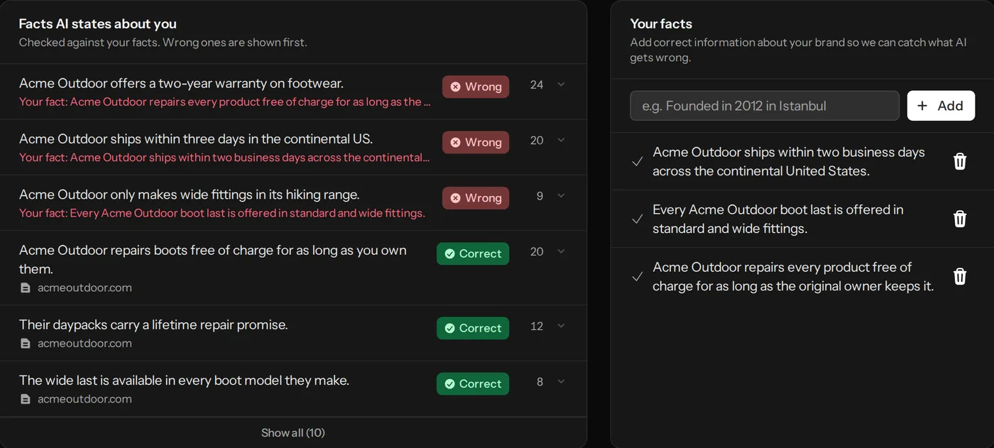 Facts AI states about the brand marked correct or wrong, and the sentiment for each brand in one answer