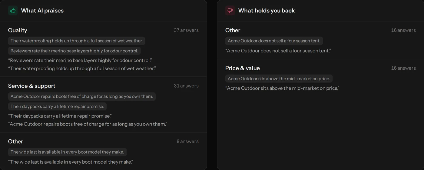 What AI praises and what holds the brand back, with the share of positive points