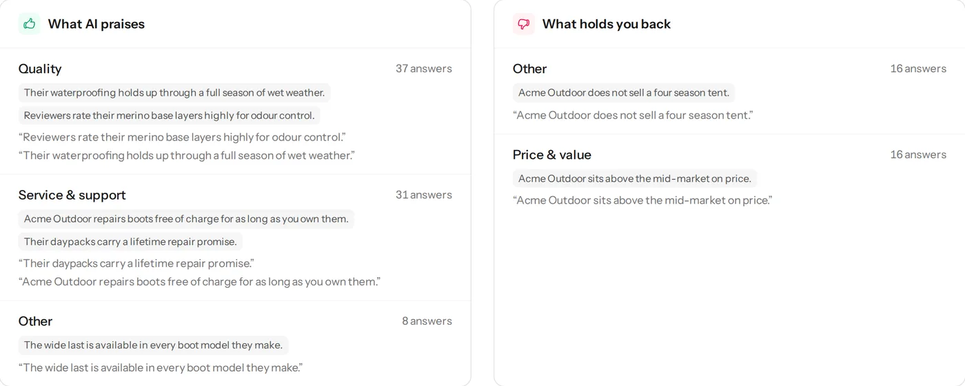 What AI praises and what holds the brand back, with the share of positive points