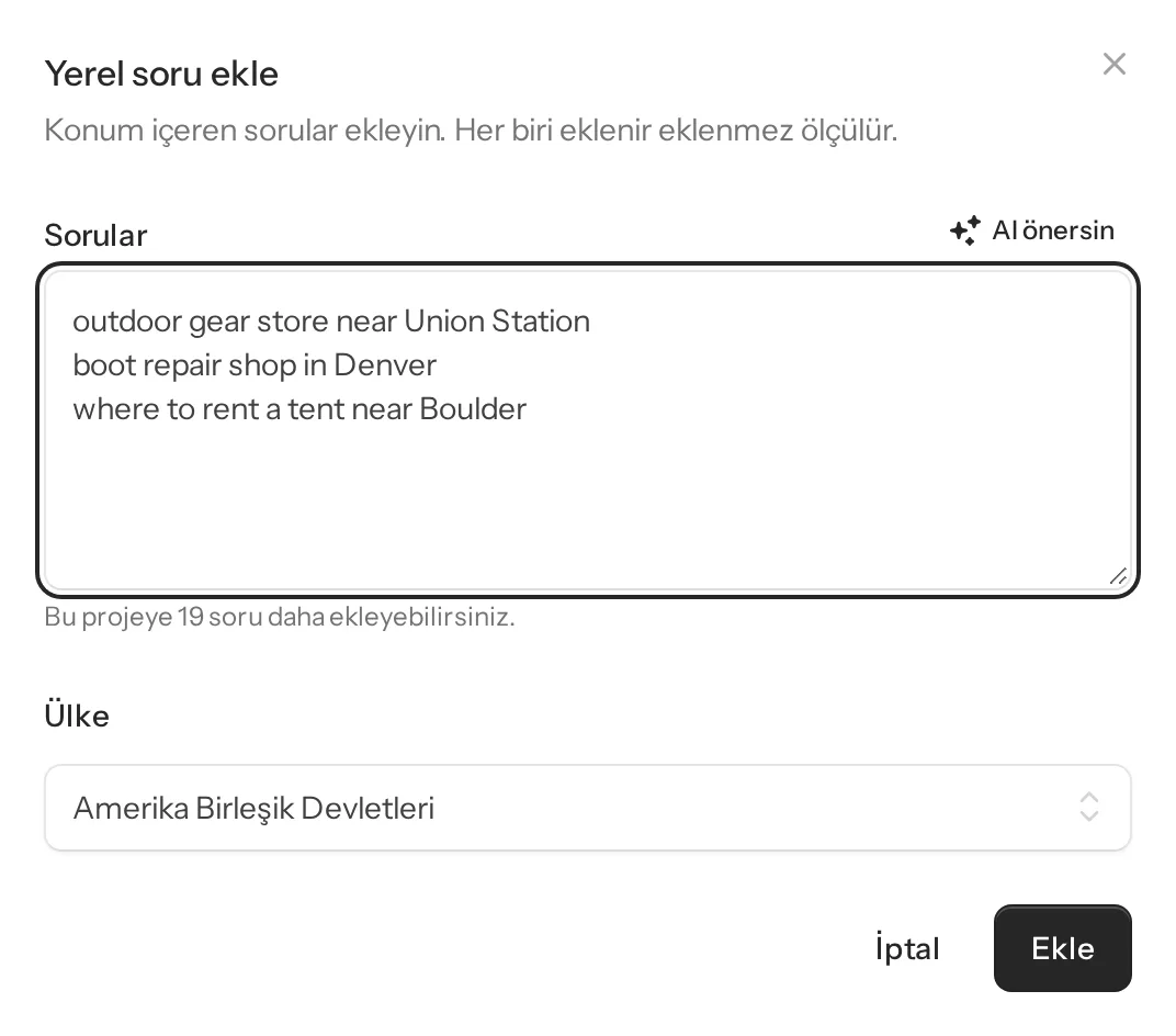 Ülke seçerek yerel soru ekleme ve işletme adını belirleme