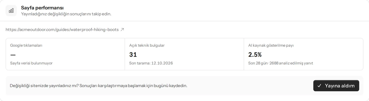 Google tıklamaları, açık bulgular ve AI kaynak payıyla sayfa performansı, eksik doğrudan cevapla ilgili bir bulgu