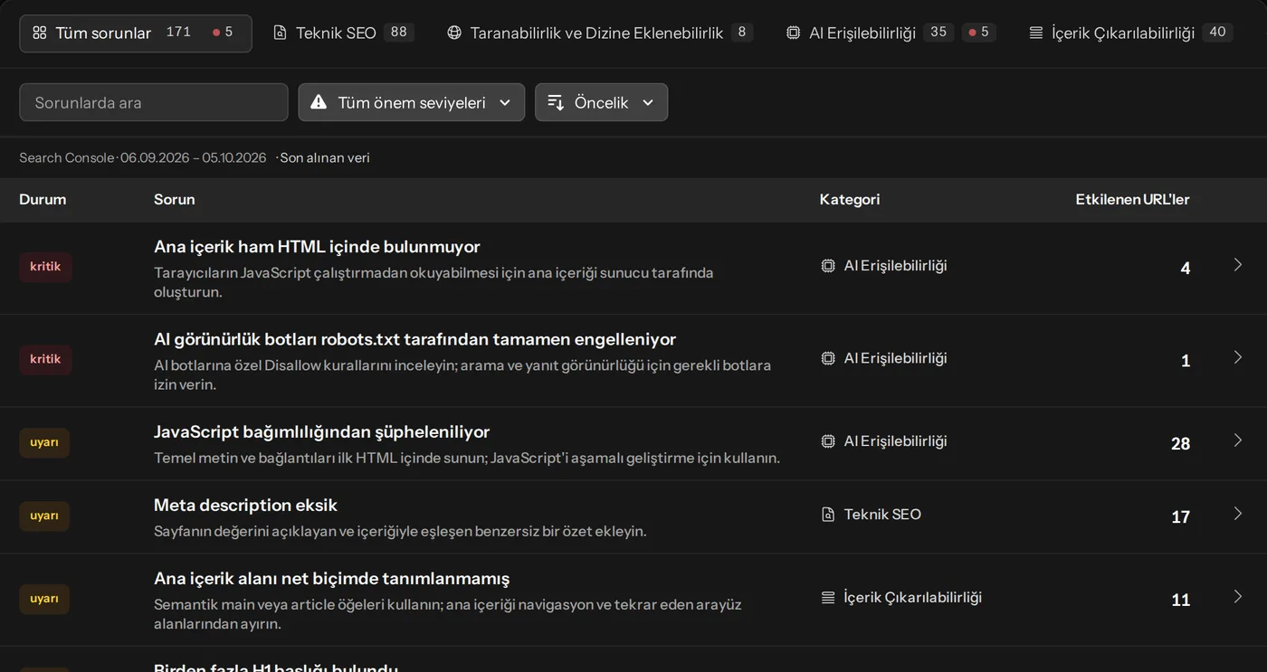 Önem derecesi, kategori ve etkilenen URL’lerle tüm bulgular; AI hazırlığı ve Google & SEO puanlarıyla