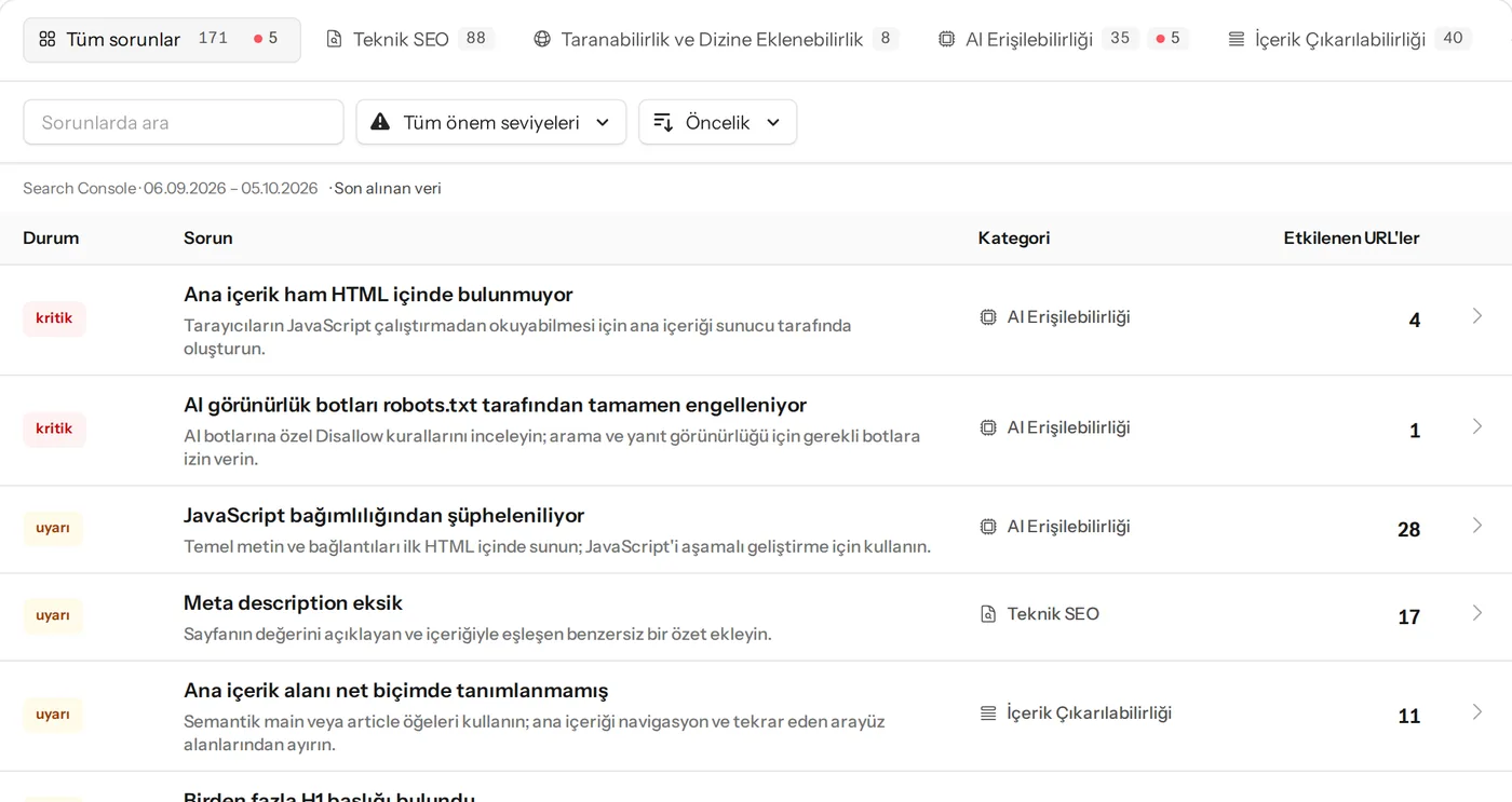 Önem derecesi, kategori ve etkilenen URL’lerle tüm bulgular; AI hazırlığı ve Google & SEO puanlarıyla