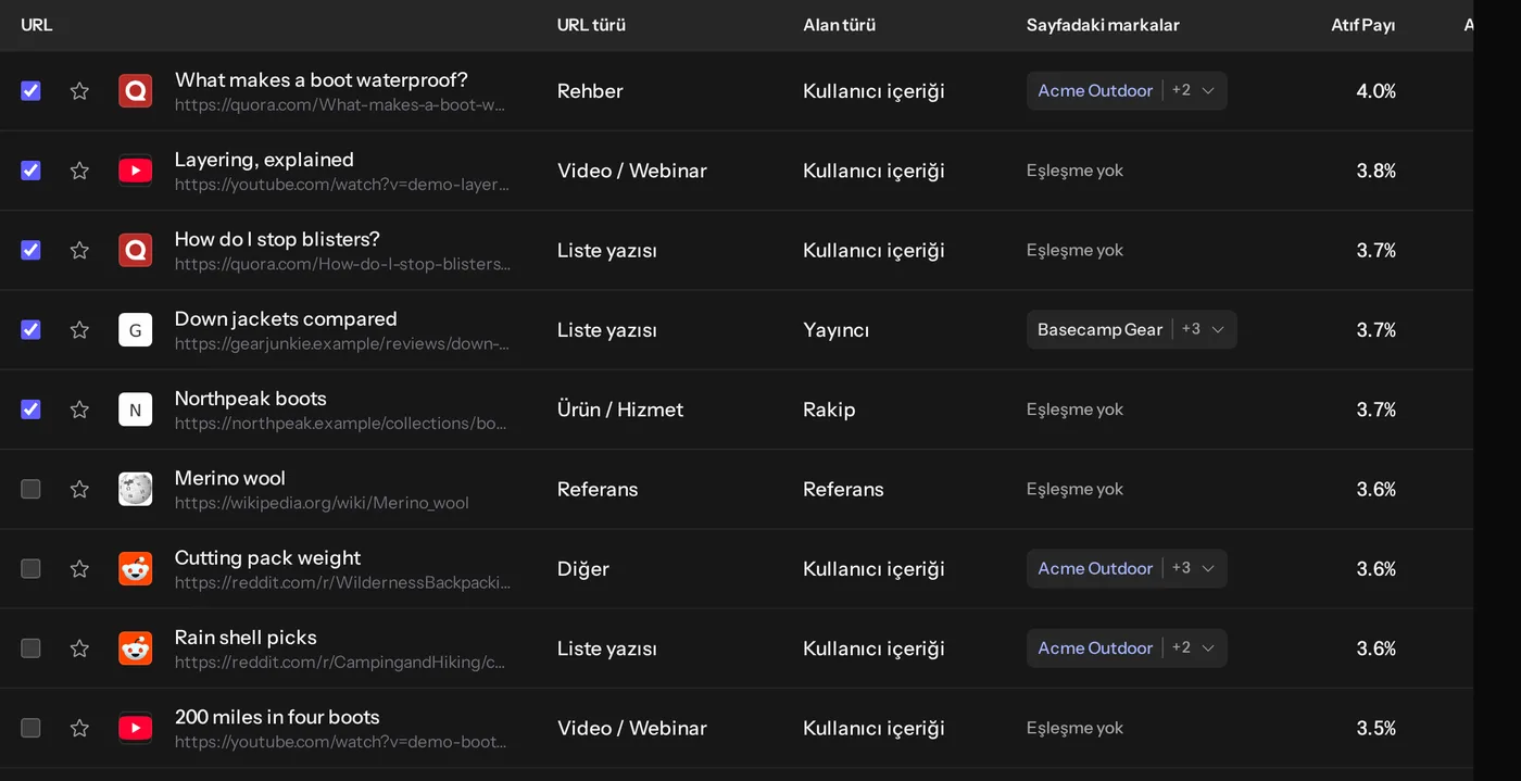 URL türü, alan türü ve sayfadaki markalarla kaynak gösterilen URL’ler; atıf alan alan adı, atıf sayısı ve sizin payınız