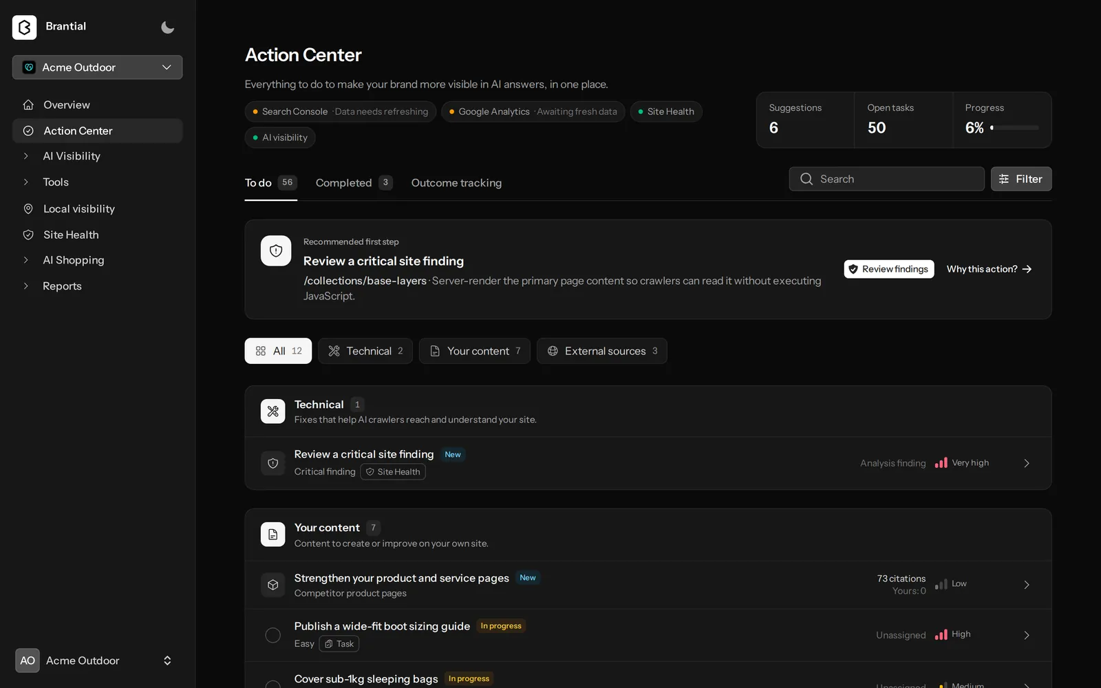 Action Center with a recommended first step and tasks grouped into technical, content and external sources