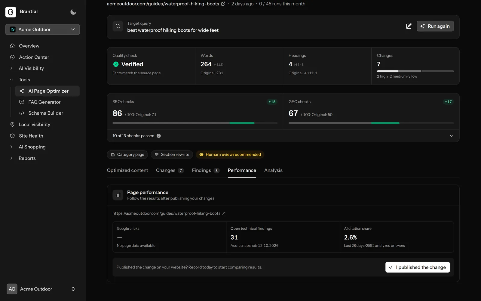 Page performance with Google clicks, open findings and AI citation share