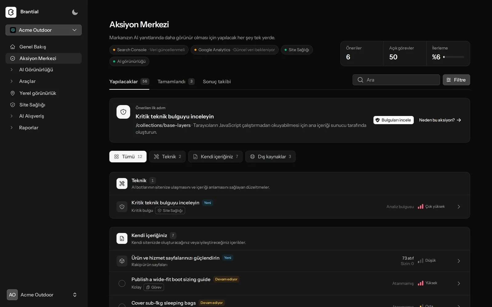 Önerilen ilk adım ve teknik, içerik ve dış kaynak gruplarındaki görevlerle Aksiyon Merkezi