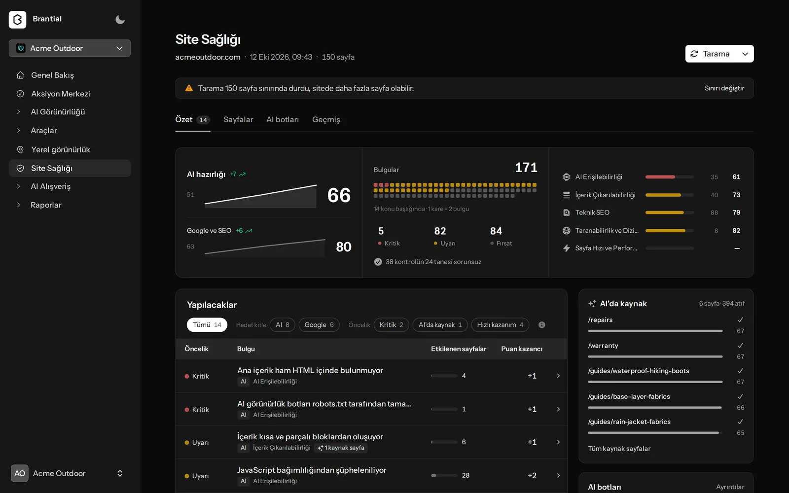 Yapay zekâ hazırlığı ve Google skorları, önem derecesine göre bulgular ve sıralı yapılacaklarla Site Health